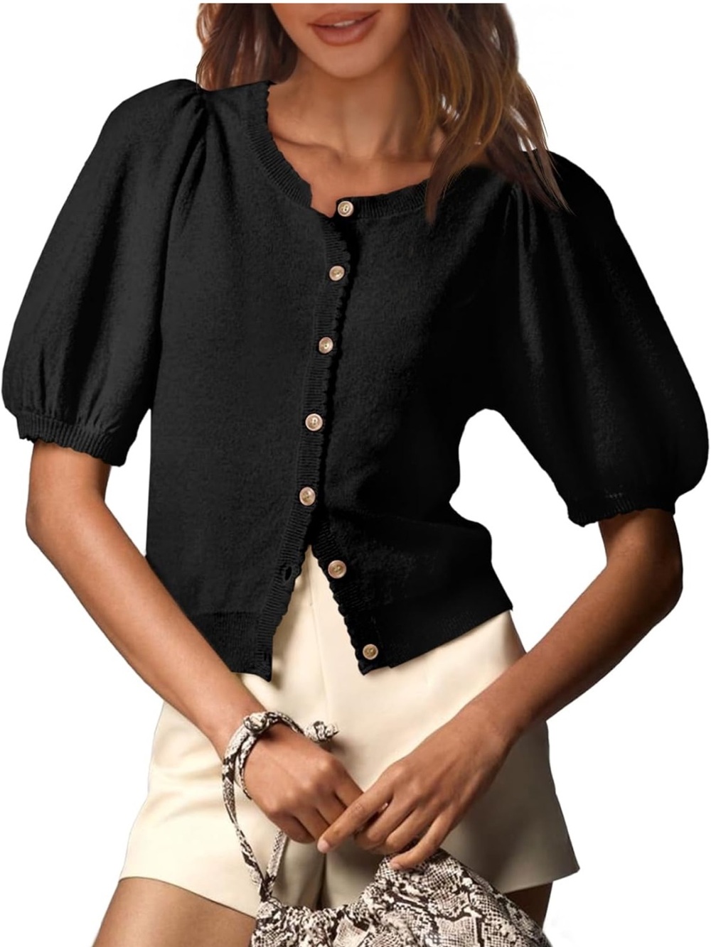 NWT - Amazon Puff Sleeve Button-Front Cardigan in Black